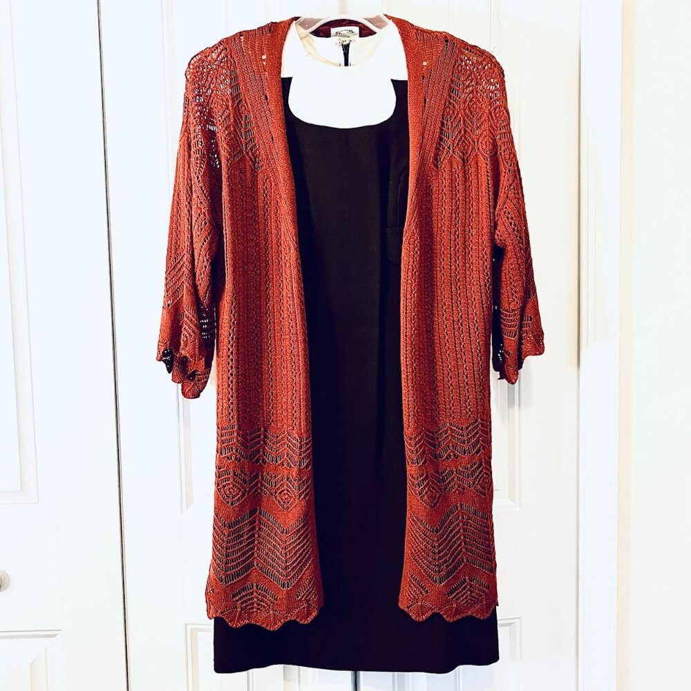 Hippie Rose Pointelle Open Front Cardigan Sweater in Rust/Barn Red (M) New w/tag